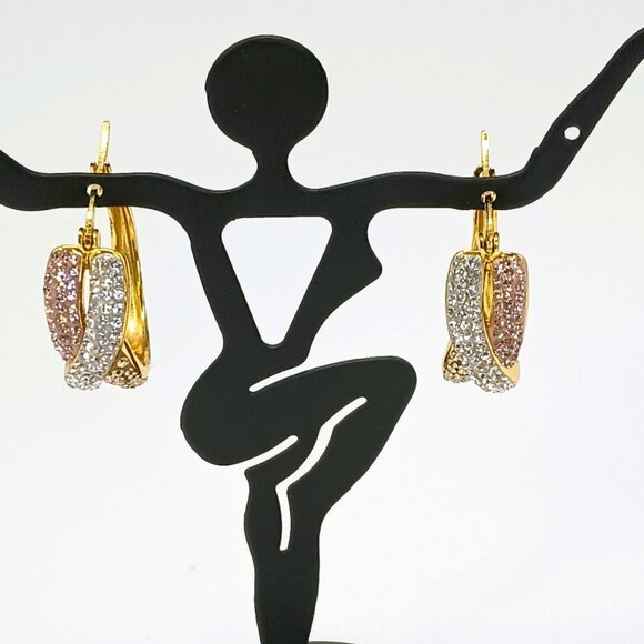 925 Pave Twisted Hoop Earrings Gold over Sterling Silver Pierced - Picture 1 of 13